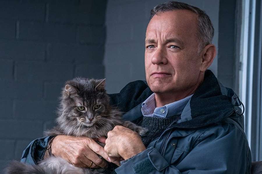 Tom Hanks sit on chair in his house and holding cat